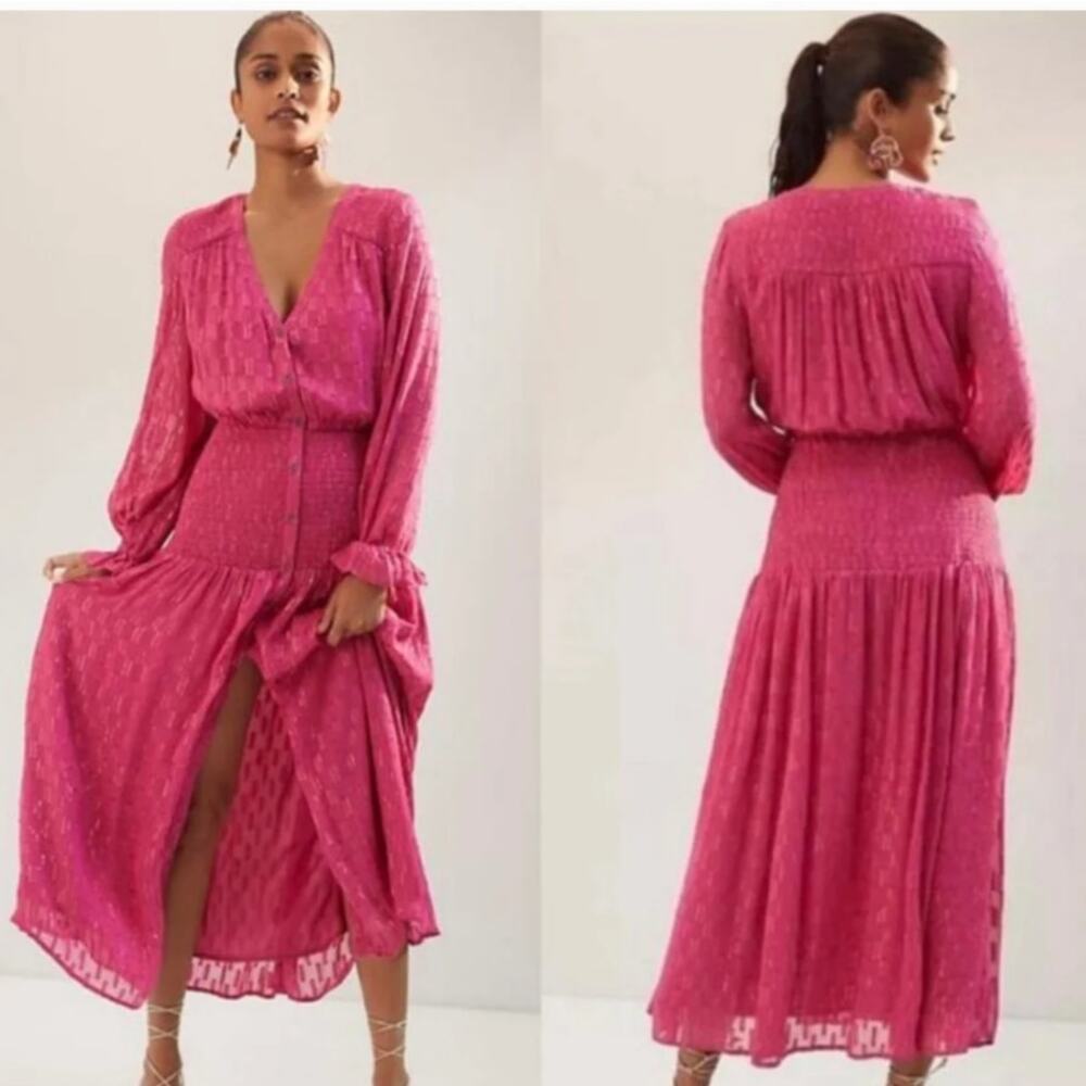 Anthropologie Smocked Maxi Dress Size S Pink Gold
